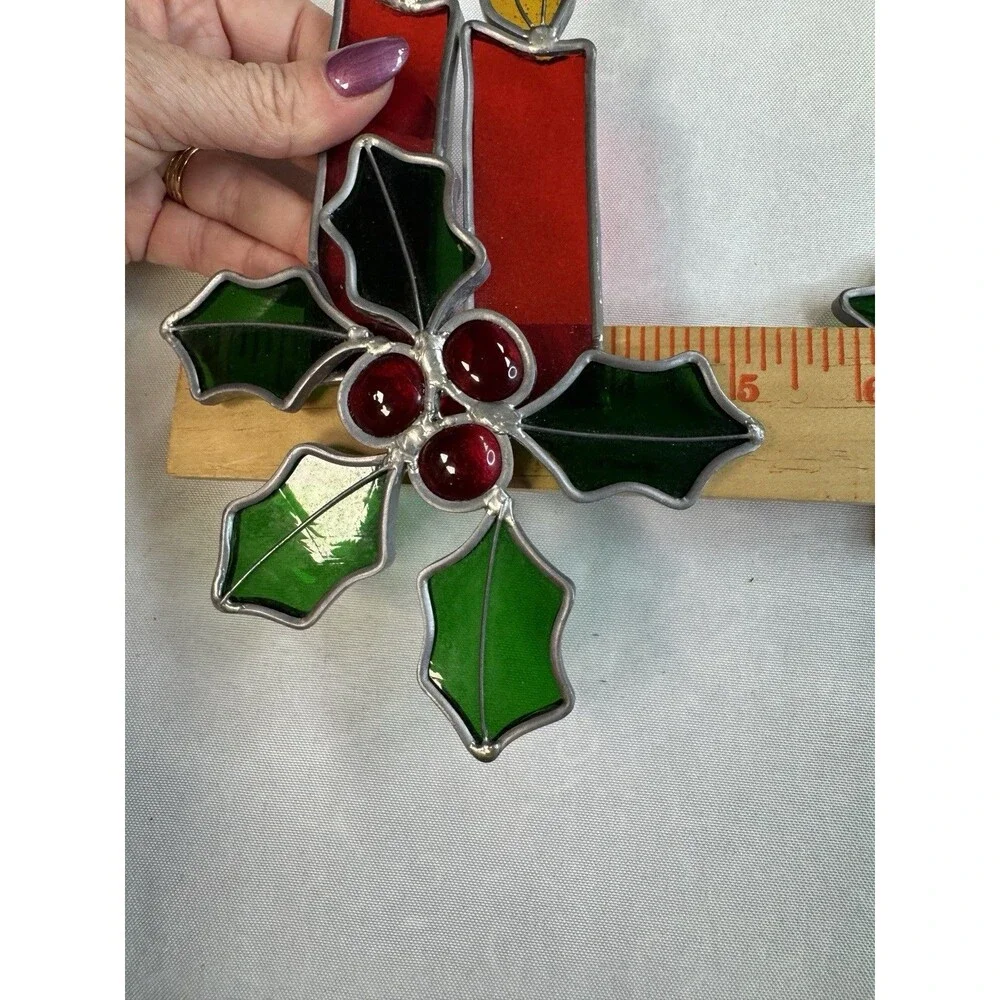 2 Stained Glass Holiday Candle Suncatchers Red Tapers Green Holly Berries Decor